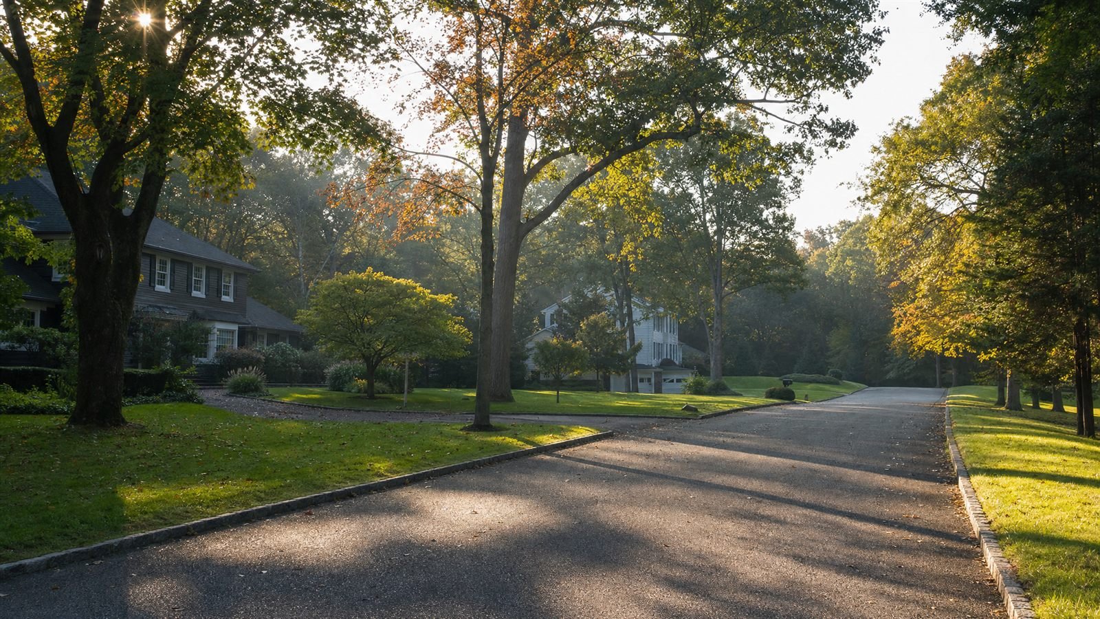 Wooded residential street in Dix Hills, New York
